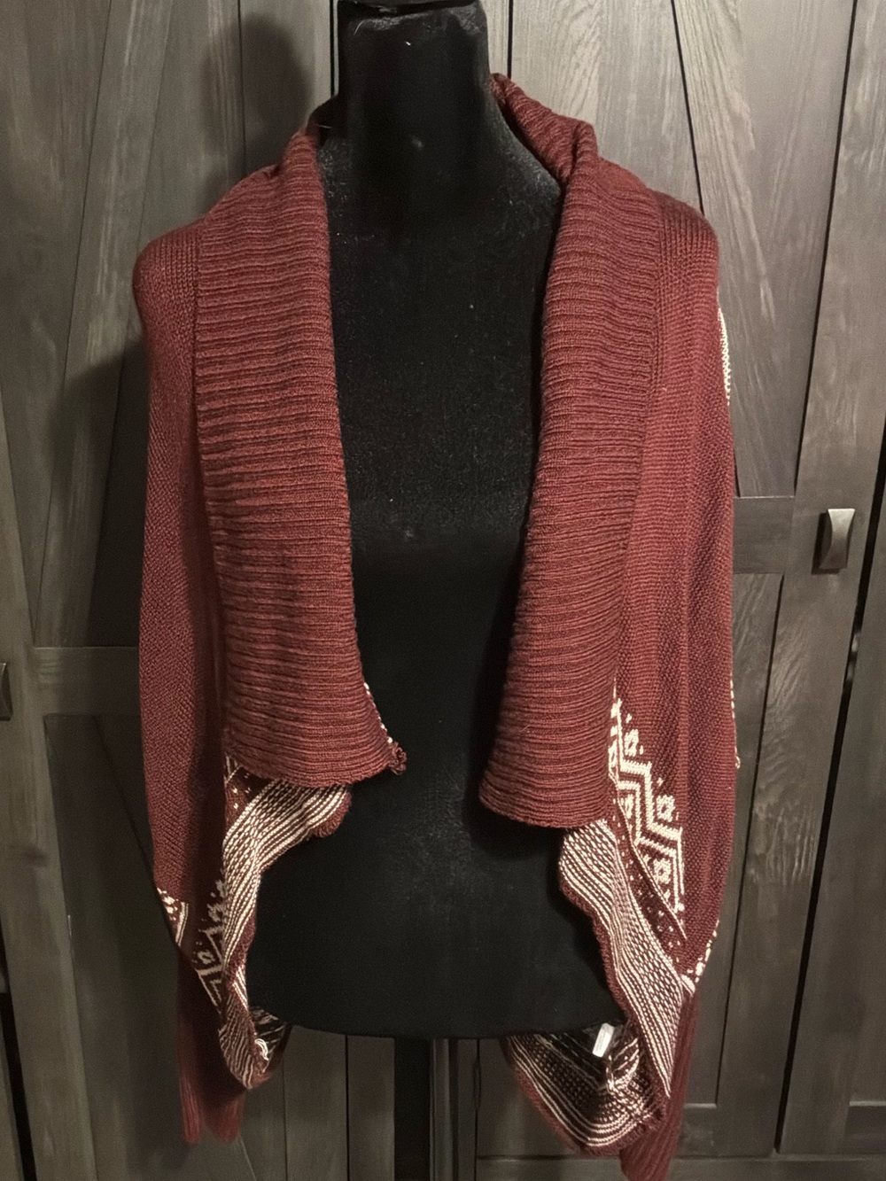 Eyeshadow Open-Front Cardigan in Rust with Cream Trim